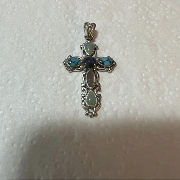 Vintage Sterling Silver Cross With Multicolored Gemstones 1.75 Inches Signed - Picture 5 of 8